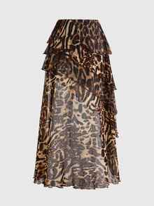 ROMWE Street Life Sexy Leopard Print Cake Asymmetrical Hem Chiffon Printed Women's Skirt - Brown - View 2