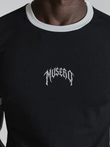 Muscle Fit Ringer Tshirt Front "Musero" Gaphic Contast Crew Neckline Autum Winter Essentials - Black and White - View 6