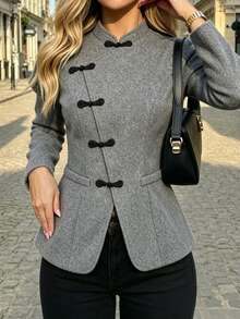 SHEIN PariChic Chinese Style Grey Stand Collar Wool Jacket Women, Asymmetrical Button Closure, Slim Fit, Elegant Short Top Cheongsam Collar Office Dinner Autumn - Grey - View 4