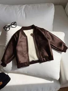 SHEIN 男女嬰兒/幼兒秋冬保暖內裡加厚圓領皮革飛行夾克外套，冬季保暖加厚外套 - 棕色 - 查看 8
