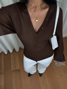 Siren Gaze 女款純色鈕扣修身腰針織開襟衫，休閒日常穿著，秋冬款 - 棕色 - 查看 6