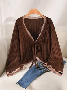 CosyJoli Plus Size Casual Lace Trim Tie-Front Cardigan, Autumn/Winter - Brown - View 1