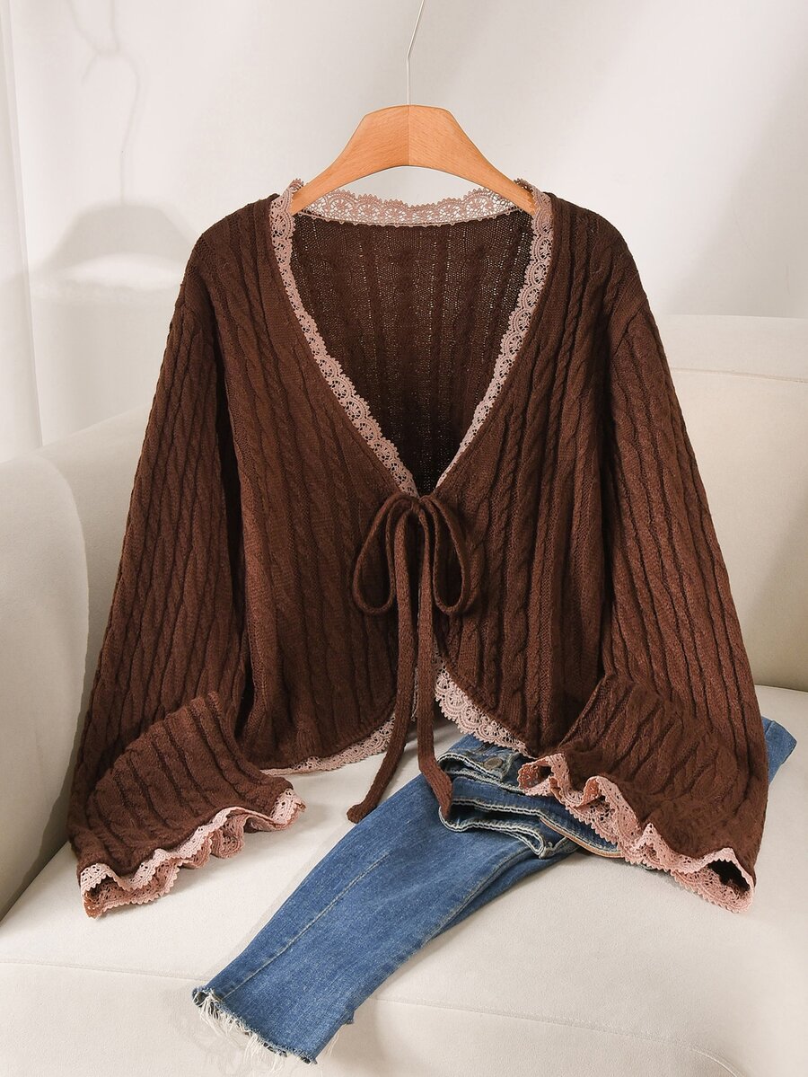 CosyJoli Plus Size Casual Lace Trim Tie-Front Cardigan, Autumn/Winter - Brown - View 1