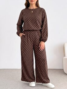SHEIN Essnce Plus-Size Women's Spring And Autumn Fashion Casual Loose Comfortable Long-Sleeved Top And Wide-Leg Pants Brown Polka Dot Two-Piece Set,Fall Outfits - Brown - View 5