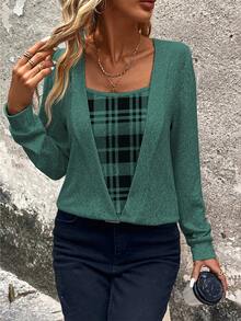 Balvessa Women's Plaid Patchwork Casual Daily Long Sleeve Sweatshirt - Teal Blue - View 4