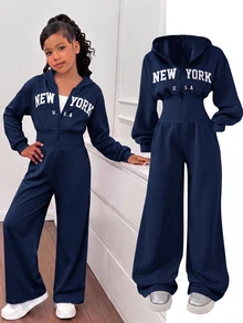 SHEIN 青少年女孩時尚簡約純色連帽拉鍊印字字母高腰秋冬連身褲 - 藏蓝色 - 查看 1