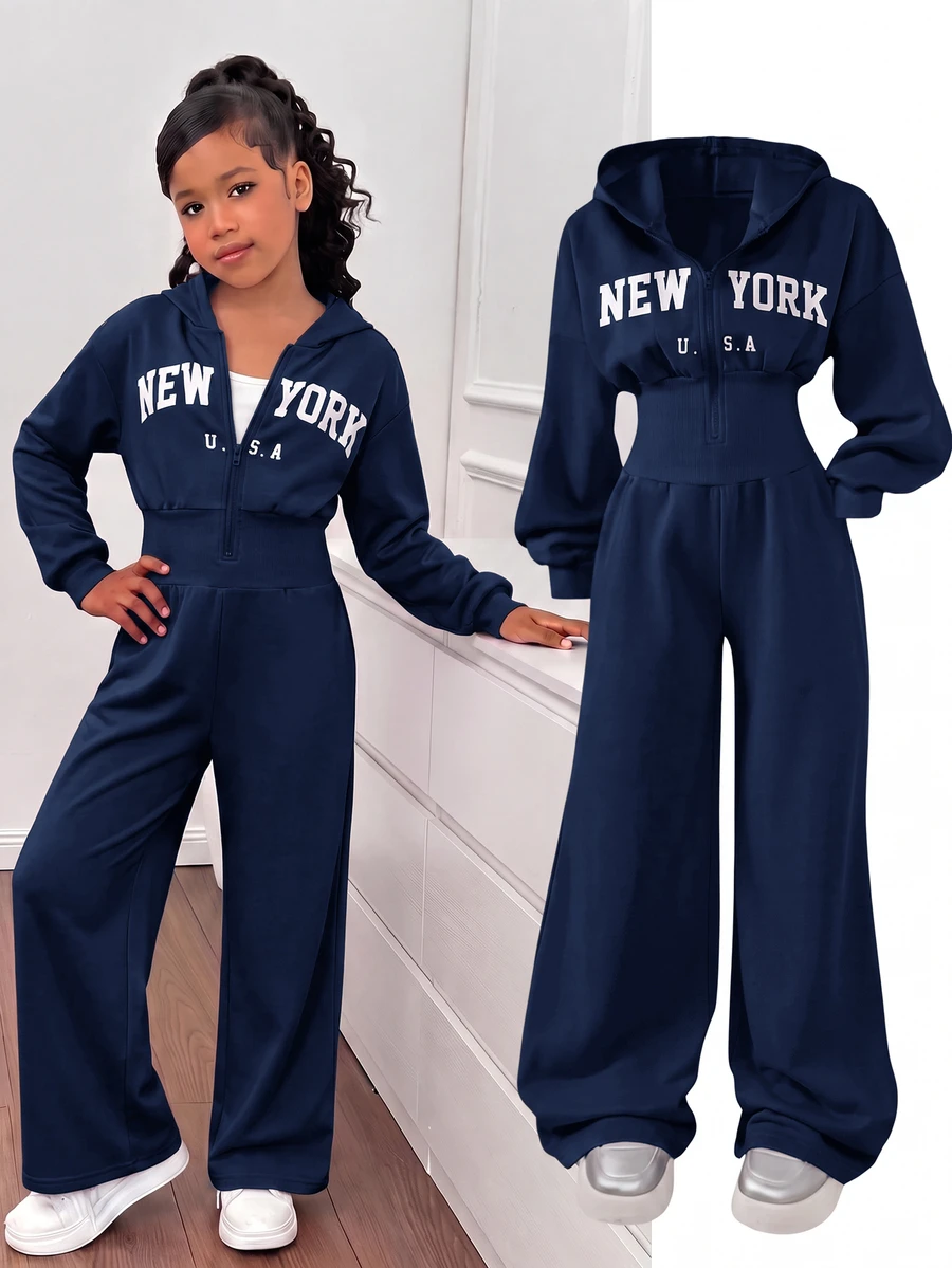 SHEIN 青少年女孩時尚簡約純色連帽拉鍊印字字母高腰秋冬連身褲 - 藏蓝色 - 查看 1