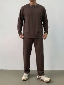 DAZY 男士春秋長袖T恤與彈性腰長褲套裝 - 棕色 - 查看 4