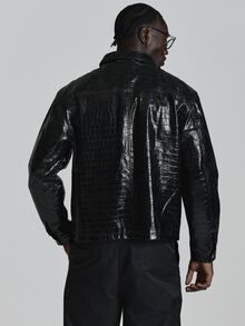 Musero Chaqueta Oversize con Hombros Caídos en PU Tejido con Cierre de Cremallera, Esencial de Otoño e Invierno - Negro - Ver 5