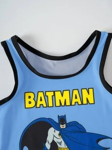 BATMAN X SHEIN 小男孩字母卡通印花休閒日常上衣短褲套裝 - 藍色 - 查看 3