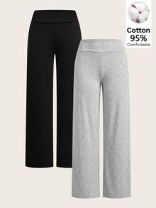 SHEIN EZwear 2件組女款休閒極簡高腰摺疊寬腿直筒長褲，適合夏季，黑色與灰色 - 彩色 - 查看 1