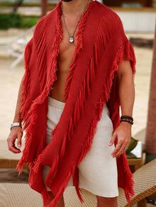 Ironwick Men's Solid Color Tassel Design Asymmetrical Hem Knit Cardigan - Red - View 5