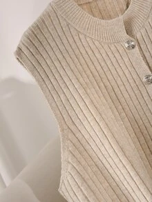 CosyJoli Plus Size Elegant French Casual Ribbed Knit Sweater Top With Metal Buttons, Minimalist Versatile For Women Winter - Apricot - View 3