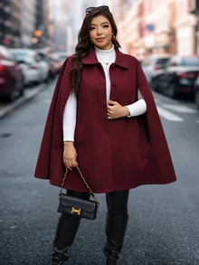 Reflora Plus Size Elegant Cape Sleeve Overcoat, Autumn/Winter - Burgundy - View 5