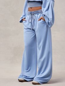 Radiana American Retro Gray-Blue Contrast Color Washed Distressed Sweatpants, Street Casual Low Waist Wide Leg Loose Extra Long Pants - Blue - View 5