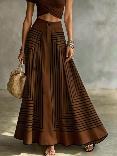 SHEIN Franclia Women's Waist Button Design Striped Casual Skirt