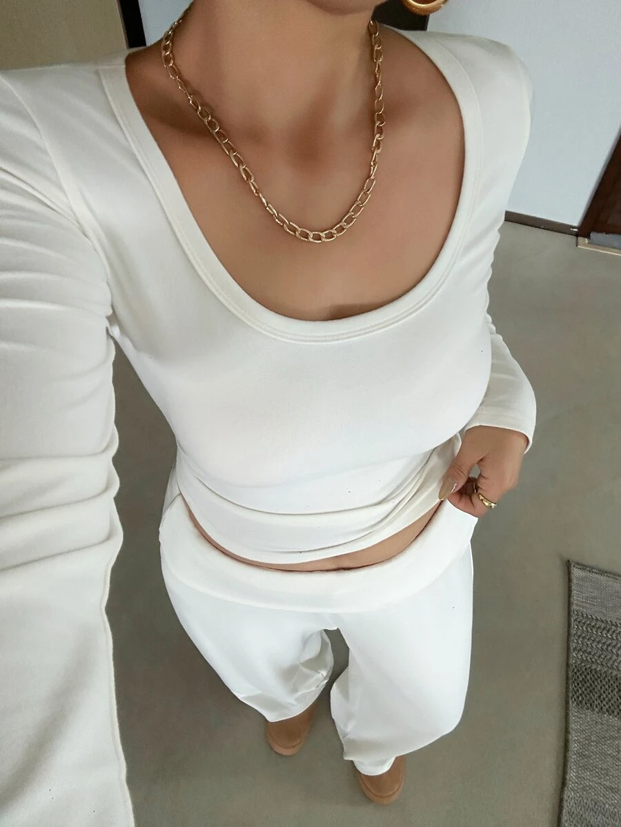 Livesso 純色修身短版上衣與寬鬆長褲慵懶風白色兩件套 - 杏色 - 查看 1