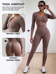 BamGleam Women's Solid Color Ruched Cutout Design Long Sleeve Athletic Jumpsuit - Black - View 1