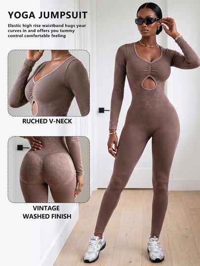 BamGleam Women's Solid Color Ruched Cutout Design Long Sleeve Athletic Jumpsuit