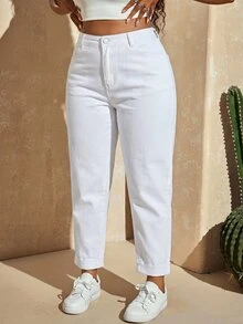 SHEIN CURVE+ Plus Size Women's Casual High Waist Denim Mom Jeans With Pockets, Cropped Length - White - View 3
