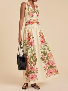 Travachic Printed V-Neck Women's Long Dress - Apricot - View 4
