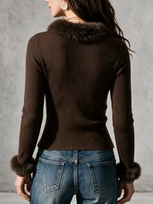 SHEIN Vintage Deep V-Neck Fuzzy Collar Knit Top, Furry Sleeve Patchwork Ribbed Long Sleeve Sexy Base Layer Sweater - Brown - View 2