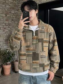 DAZY 秋冬半拉鍊抓絨數位迷彩格紋街頭風男士運動衫 - 棕色 - 查看 3