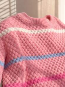 Genkimix Kids Young Girl Sweet Pink Colorblock Striped Sweater, Autumn Baby Round Neck Textured Loose Knit Pullover - Pink - View 4