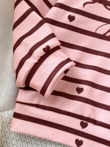 SHEIN Playful Pals 2pcs Baby Girl Sweatshirt Leggings Cute Sweet Pink Brown Striped Heart Bow Print Rib-Knit Long Sleeve Round Neck Regular Holiday Fall Halloween Cozy - Multicolor - View 5