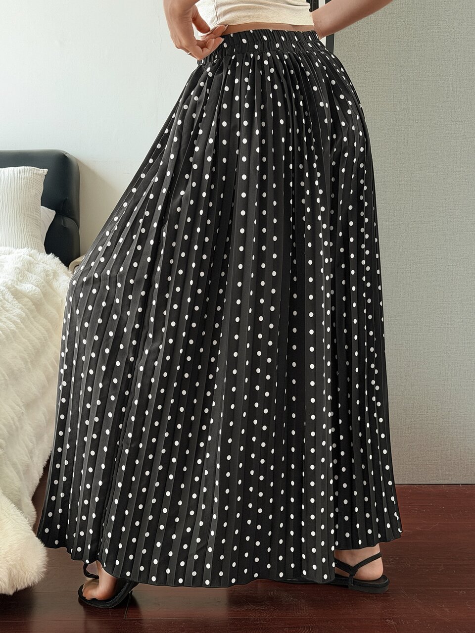Women's Polka Dot Print Pleated Wide Leg Pajama Pants Fall