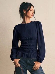 Poéselle Atasan Lengan Panjang Wanita Warna Polos Berlipit, Kasual, Serbaguna untuk Sehari-hari - Navy Blue - View 1