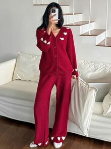 DAZY Women's 2-Piece Heart Pattern Loose Cardigan Long Sleeve Knit Top And Straight Leg Long Pants Pajama Set, Autumn/Winter - Red - View 5