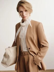 Briarwyn Women Minimalist Linen Blazer & Bermuda Shorts 2 Pieces Set, V Neck Two Button Oversized Suit Matching Outfit - Brown - View 6