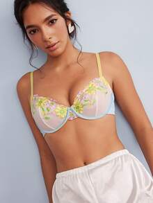 Elorette Yellow Underwire Embroidered Push-Up Lift Floral Pattern Satin Romantic Pastoral Women's Bra - Yellow - View 6