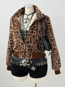 Sunspun Small Stand Collar Leopard Print Plush Short Thick Jacket Winter - Brown - View 6