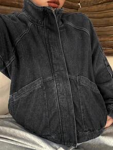 Dazy Plus Spring/Autumn New Loose Casual Distressed Washed Denim Jacket And Outerwear For Women, Plus Size Blogger Casual - Black - View 5