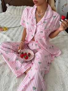 CottageSlumber Sweet Pink & White Striped Christmas Tree Bow Print Lapel Cardigan Loungewear 2 Pieces Set - Pink - View 7