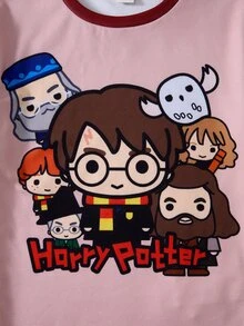 HARRY POTTER X SHEIN طقم بيجامة للفتيات المراهقات بقمة ذات رقبة دائرية وأكمام قصيرة وسروال ضيق - الأحمر - مشاهدة 4