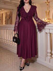 Vibekara Gaun Pesta Wanita Elegan Model A-Line Lengan Panjang Warna Burgundy untuk Musim Semi, Gugur, dan Musim Dingin. - Red Violet - View 1