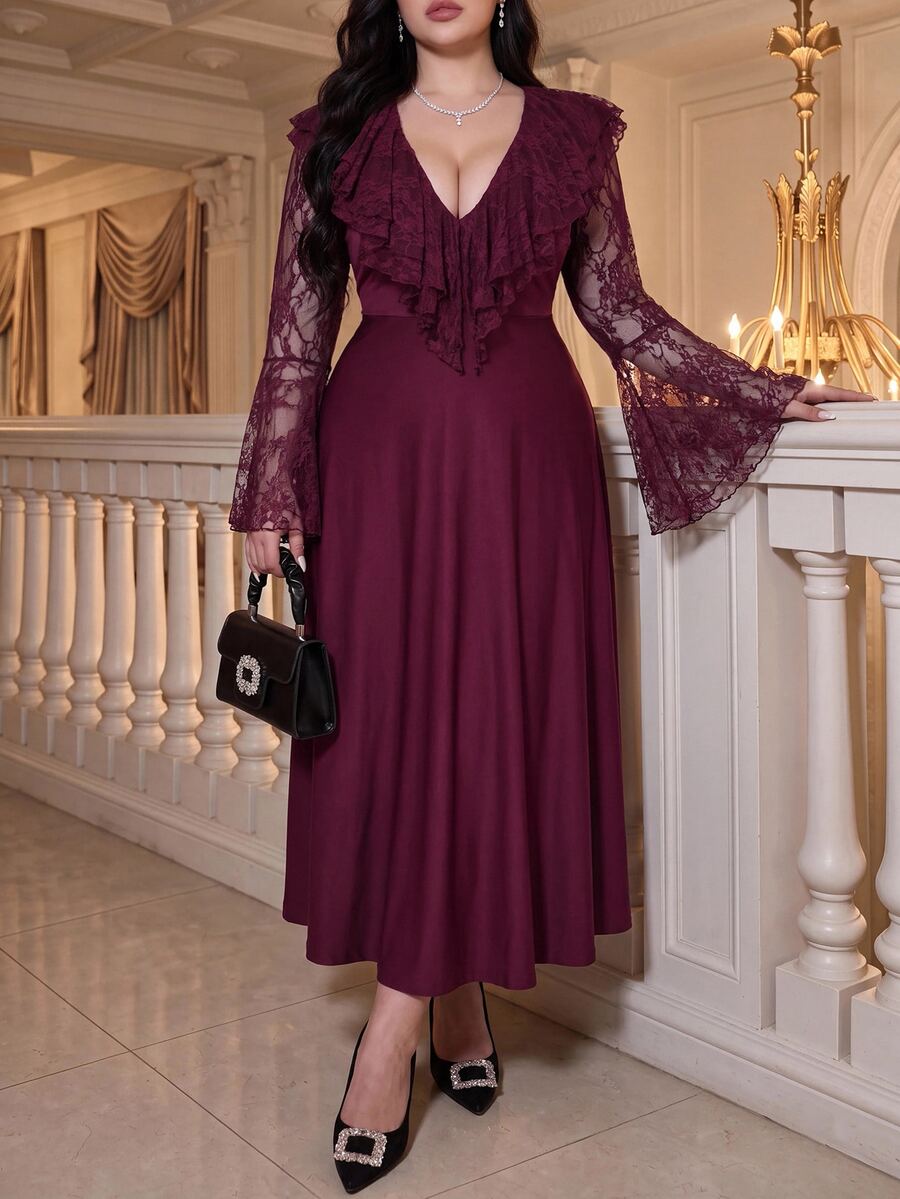 Vibekara Gaun Pesta Wanita Elegan Model A-Line Lengan Panjang Warna Burgundy untuk Musim Semi, Gugur, dan Musim Dingin. - Red Violet - View 1