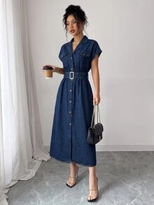Elenzga Women's Minimalist Button Front Batwing Sleeve Washed Denim Dress - Dark Wash - View 3