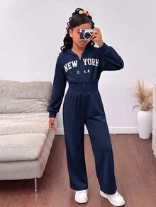 SHEIN 青少年女孩時尚簡約純色連帽拉鍊印字字母高腰秋冬連身褲 - 藏蓝色 - 查看 6