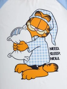GARFIELD | SHEIN Plus Size Women's Cartoon Print Short Sleeve Top And Shorts Casual Daily Home Sleepwear Set - White - View 3