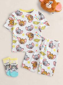 TOM & JERRY X SHEIN Young Boy Cartoon Print Short Sleeve Top And Shorts Casual Daily Home Pajama Set - Yellow - View 2