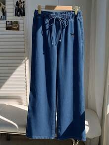 Comfortcana 女款刷毛內裡牛仔束口休閒褲，抽繩腰頭，刺繡細節，寬鬆街頭風保暖加絨長褲 - 中等水洗藍 - 查看 5