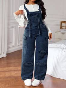 SHEIN CURVE+ Overall Denim Saku Gaya Streetwear Ukuran Plus - Biru - View 3