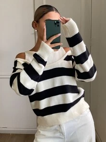 DAZY Women's Contrast Color Striped Loose 2 In 1 Cold Shoulder Long Sleeve Casual Vacation Korean Style Autumn/Winter Knit Sweater - Apricot - View 1