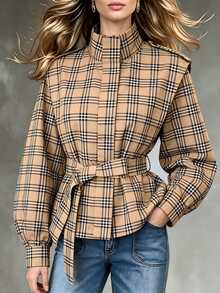 SHEIN Mantel trench pendek lengan panjang longgar dengan ikat pinggang yang memberikan efek ramping. - MultiWarna - View 2