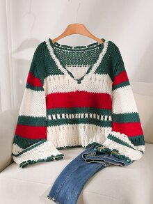 CosyJoli Plus Size Colorblock Striped Hollow Knit Sweater Winter - Multicolor - View 4