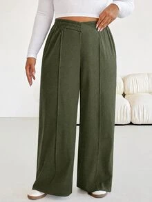 SHEIN Essnce Plus Size Women's Solid Color Casual Baggy Elegant Versatile Everyday Long Pants Fall Formal Vacation Olive Green Home Birthday - Army Green - View 8